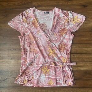 Y2K Fairycore Pink Floral Glitter Wrap Top Women Medium Coquette Boho Fairycore